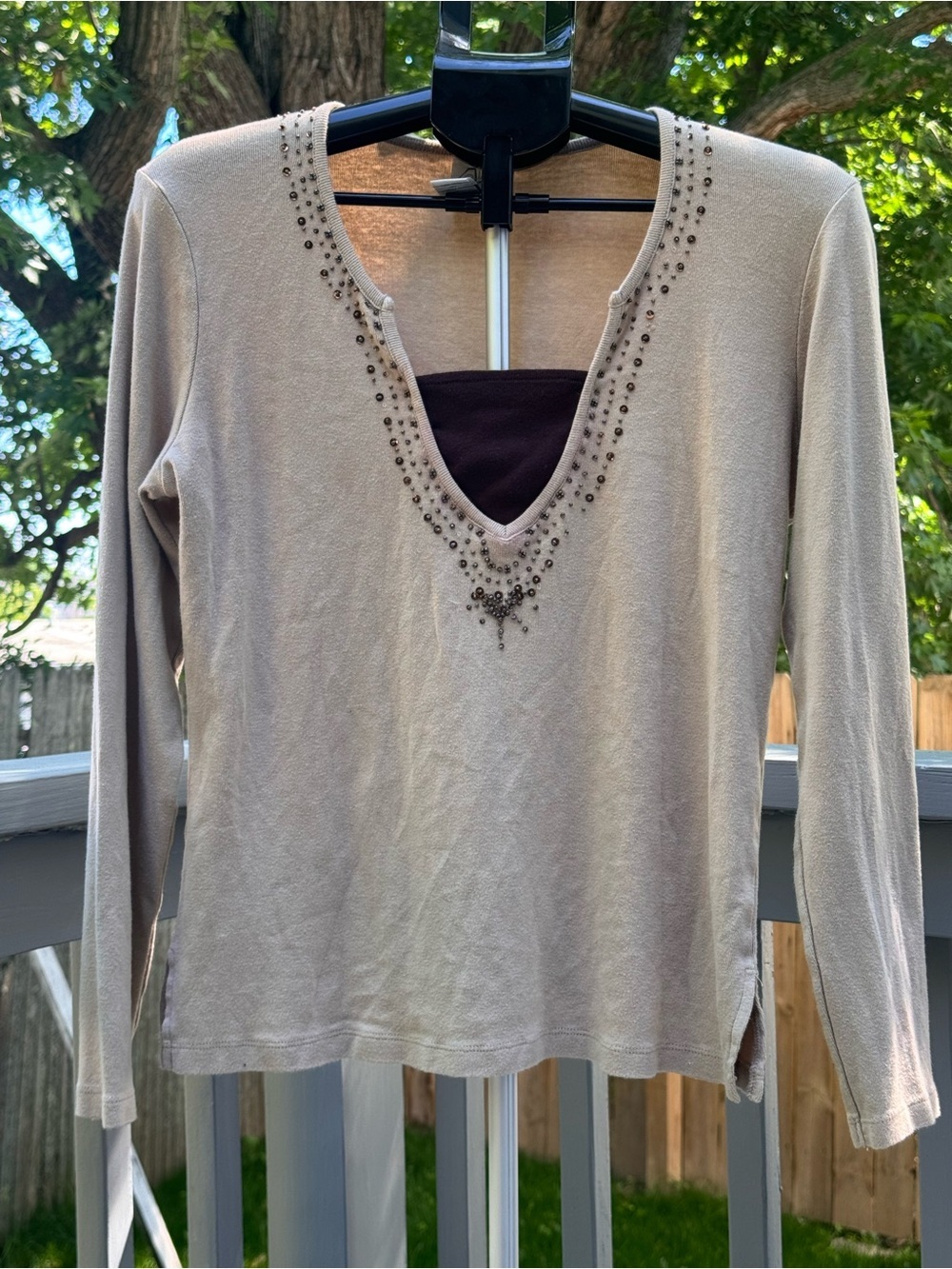Fashion Bug Beige Long Sleeve Top with Beaded V-Neck
